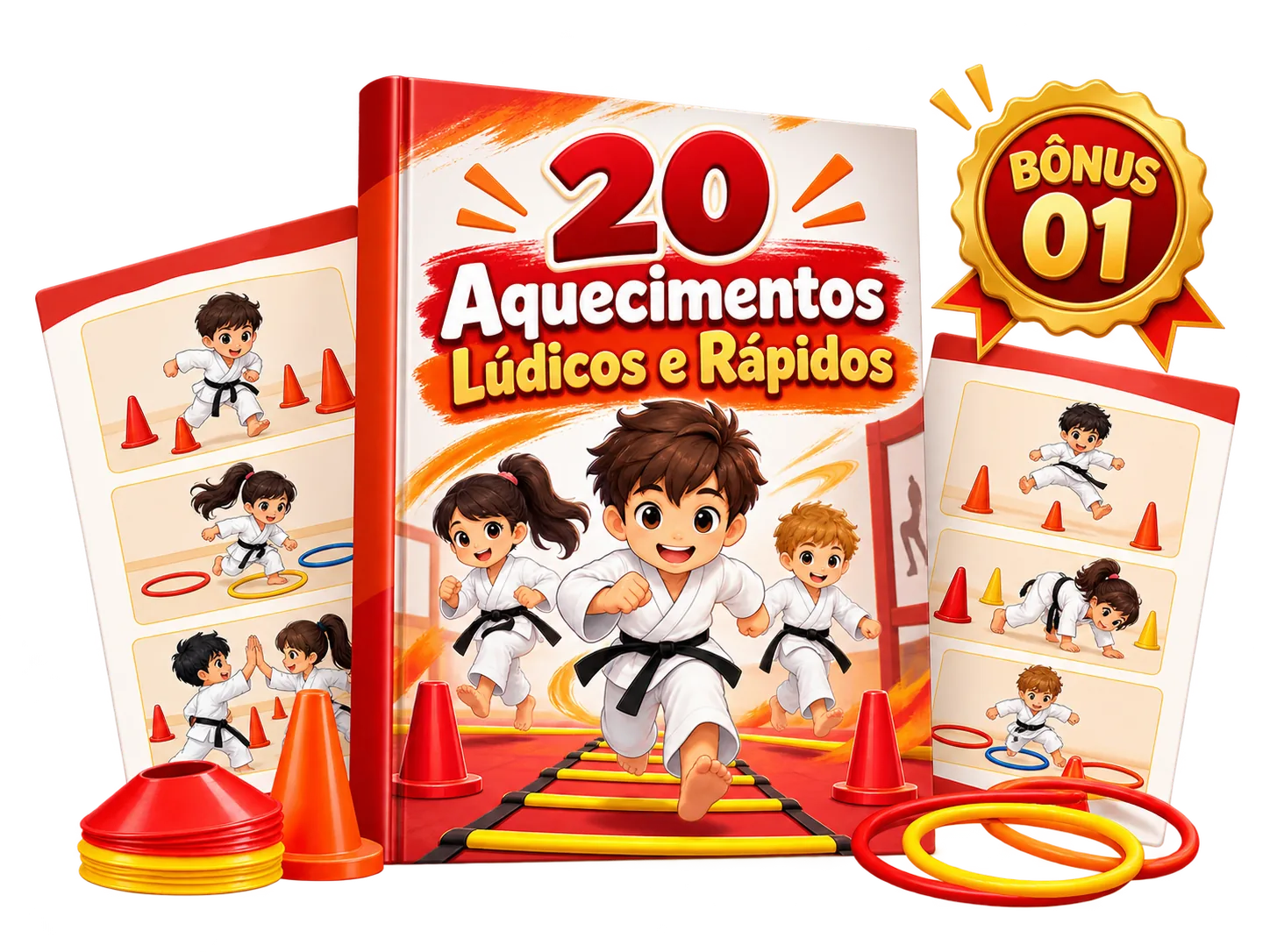 Mockup do bônus 01: 20 Aquecimentos Lúdicos e Rápidos para Karatê Infantil