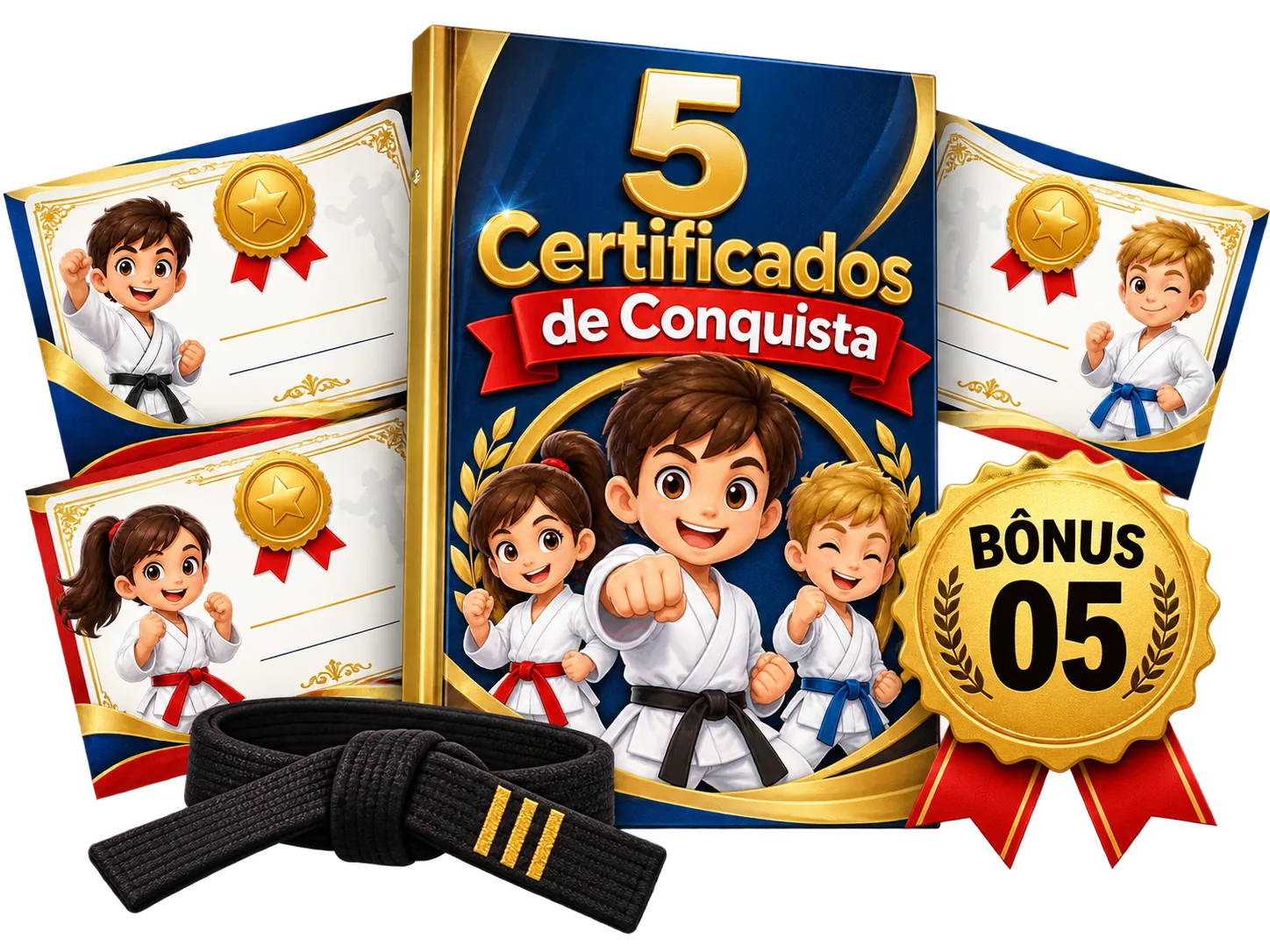 Mockup do bônus 05: 5 Certificados de Conquista de Karatê para Imprimir