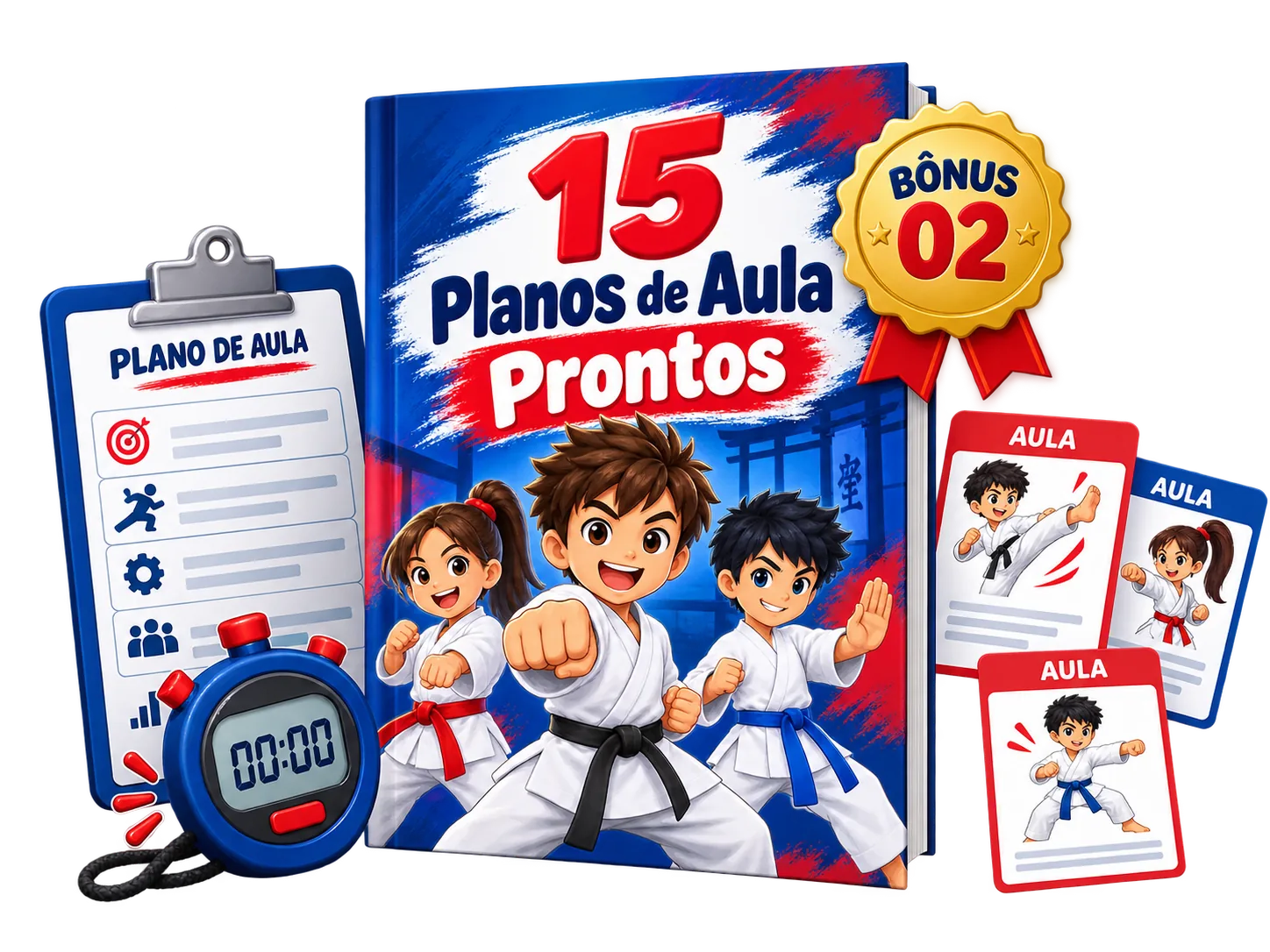 Mockup do bônus 02: 15 Planos de Aula Prontos para Karatê Infantil